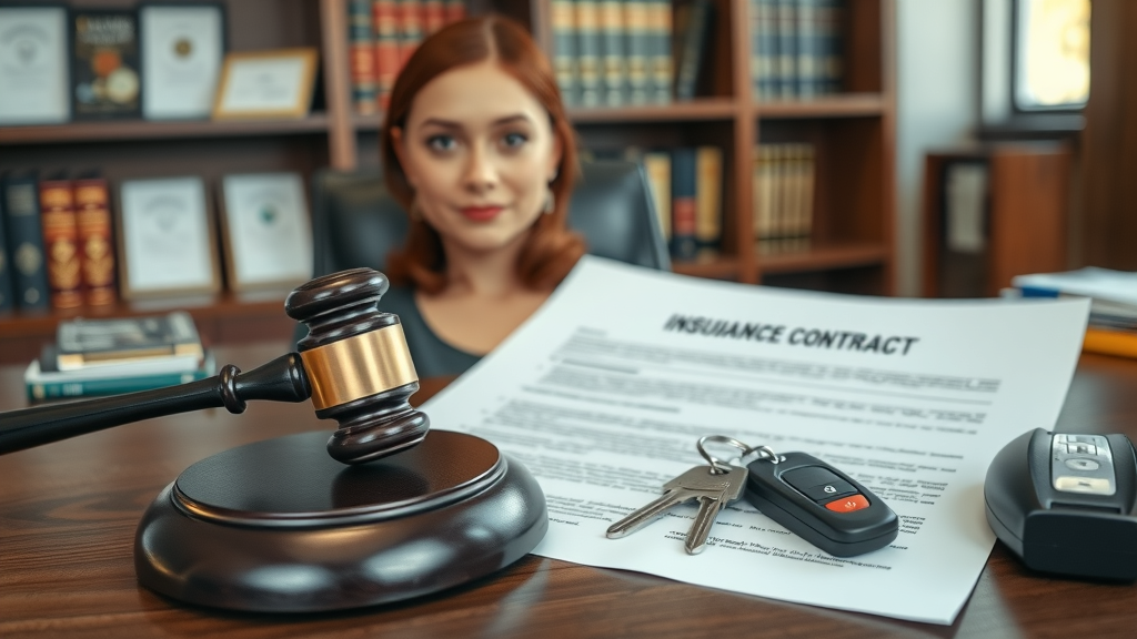 Gavel, insurance contract, and car keys on a lawyer