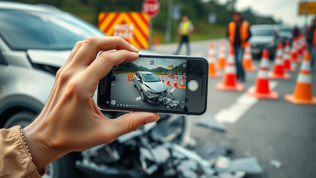 Smartphone capturing detailed car accident damage photos, essential for insurance settlement negotiation tips to maximize your claim.