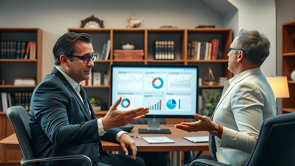 law firm seo services: Professional law office, attorneys discussing digital marketing and SEO charts on a digital screen