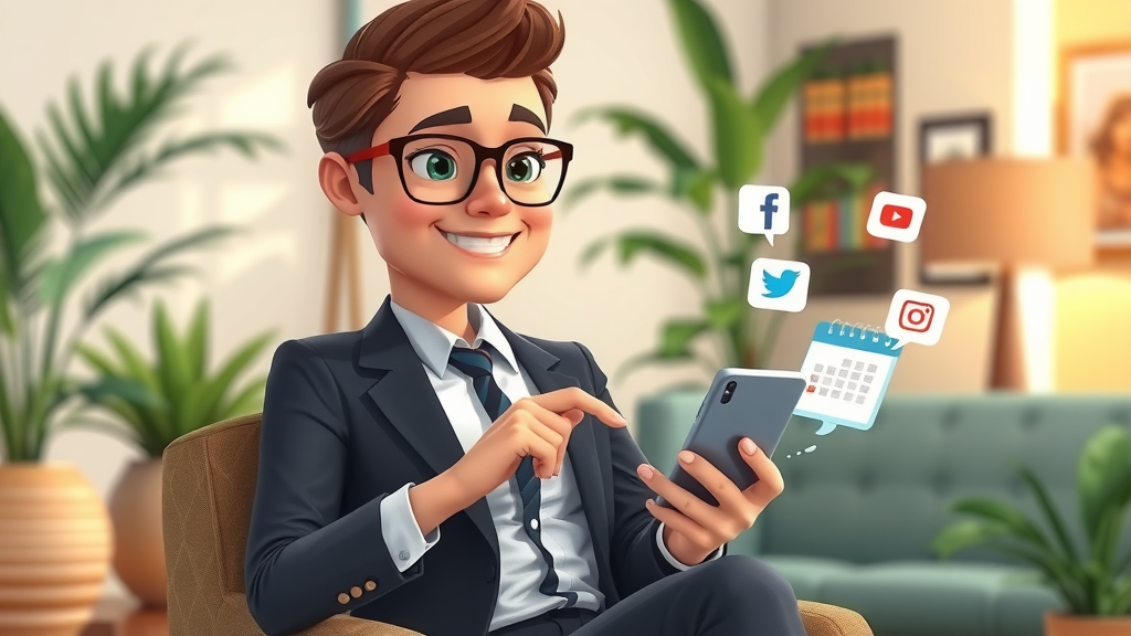 Professional lawyer scheduling social media posts for law firm marketing
