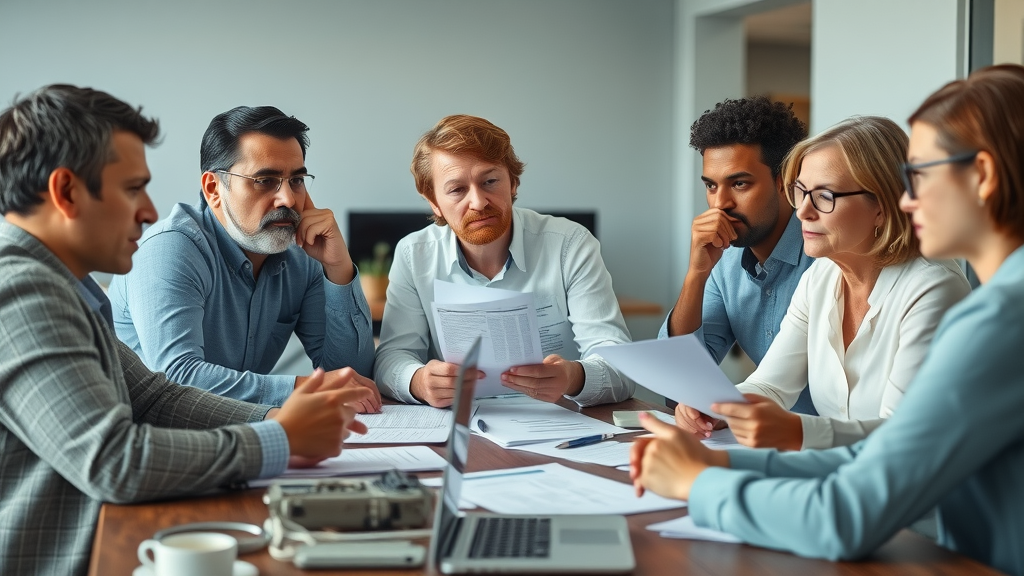 Negotiating insurance claims - candid diverse group reviewing insurance claim documents, property damage, insurance settlement, modern office