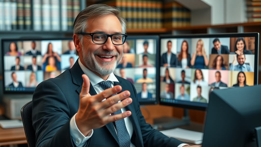 Lawyer hosting a practice area webinar for a diverse audience