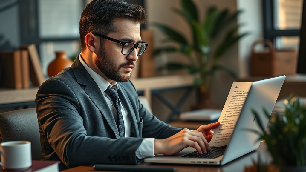 content marketing for law firms - attorney typing authoritative legal article for law firm blog in a well-appointed office