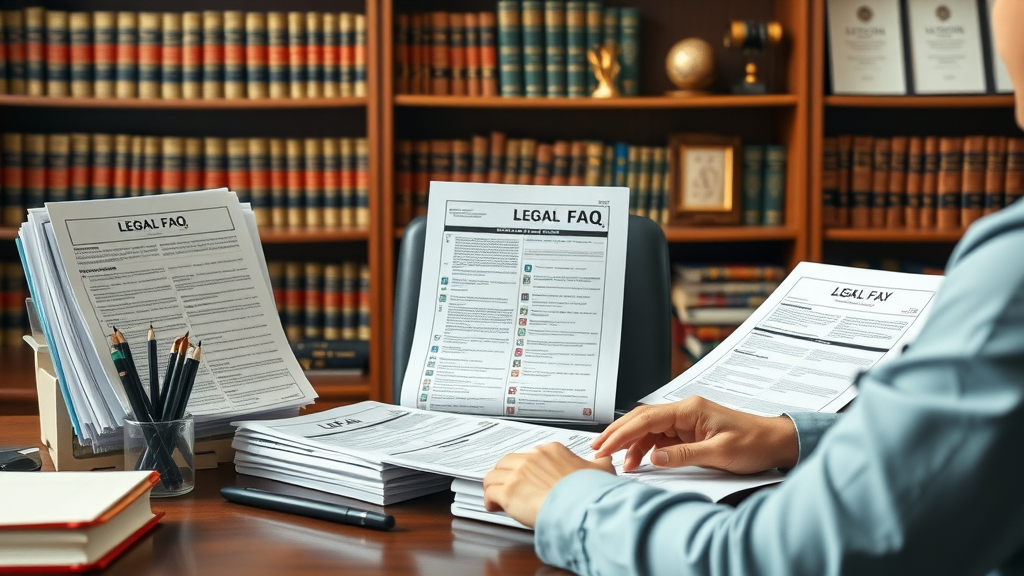 Organized attorney workspace with legal FAQs and content marketing templates