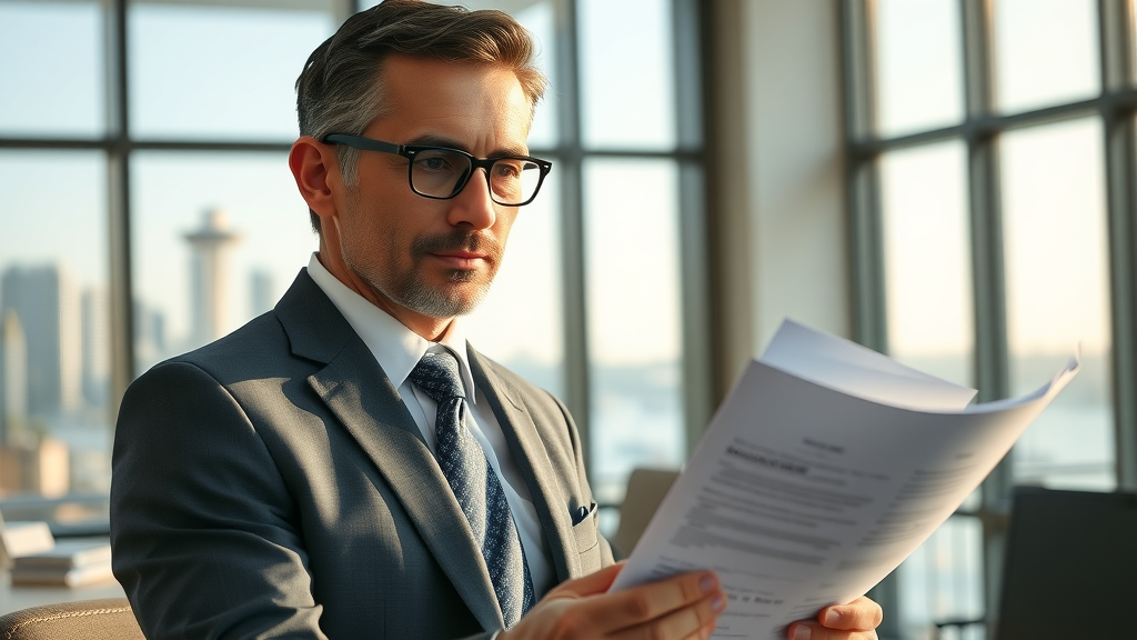 Insightful business attorney confidently reviewing legal documents in a sunlit modern Seattle office overlooking the waterfront