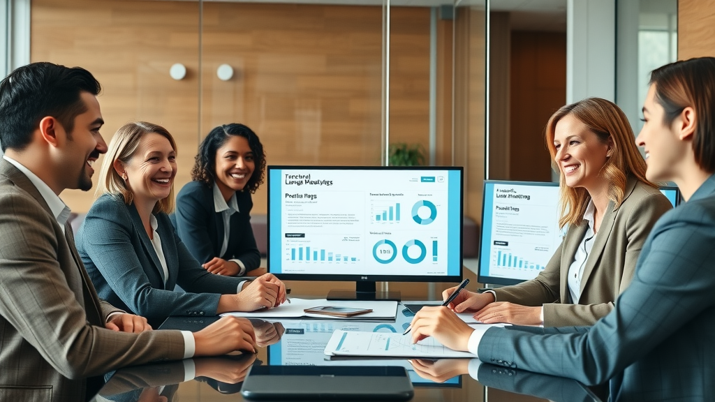 happy diverse attorneys reviewing law firm blogging results digital marketing strategies