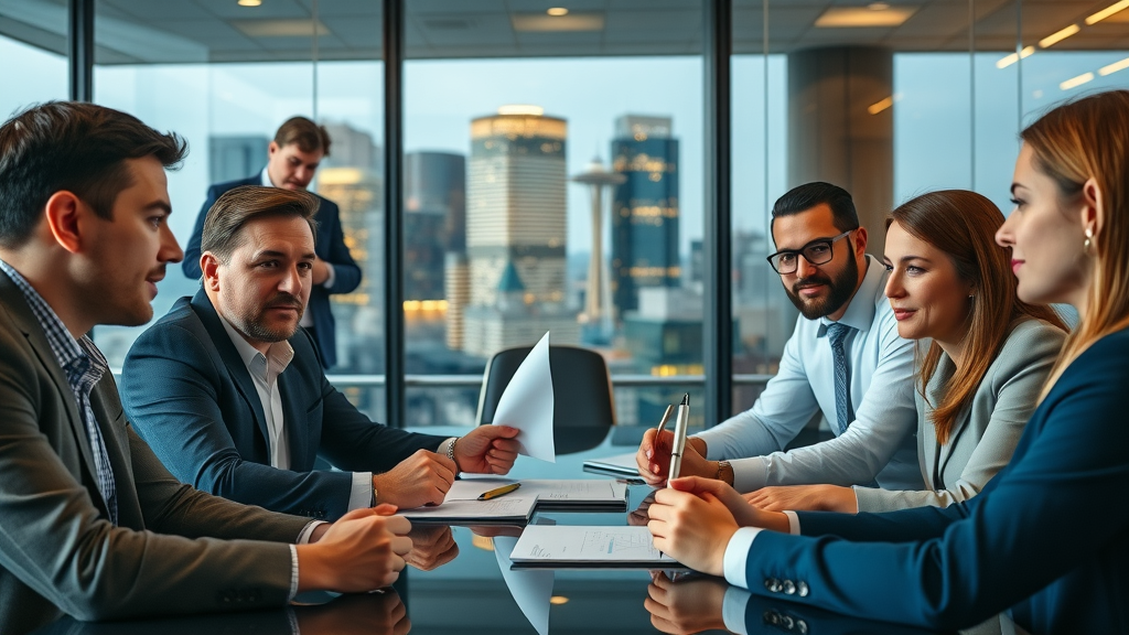 Collaborative legal team brainstorming social media marketing strategy in a stylish Seattle office with glass walls overlooking downtown