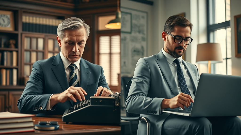split image showing evolution from traditional lawyer with typewriter to modern attorney using laptop for online marketing