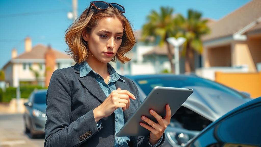 Confident female insurance adjuster examining property damage with a digital tablet, insurance adjuster negotiation tactics for vehicle damage