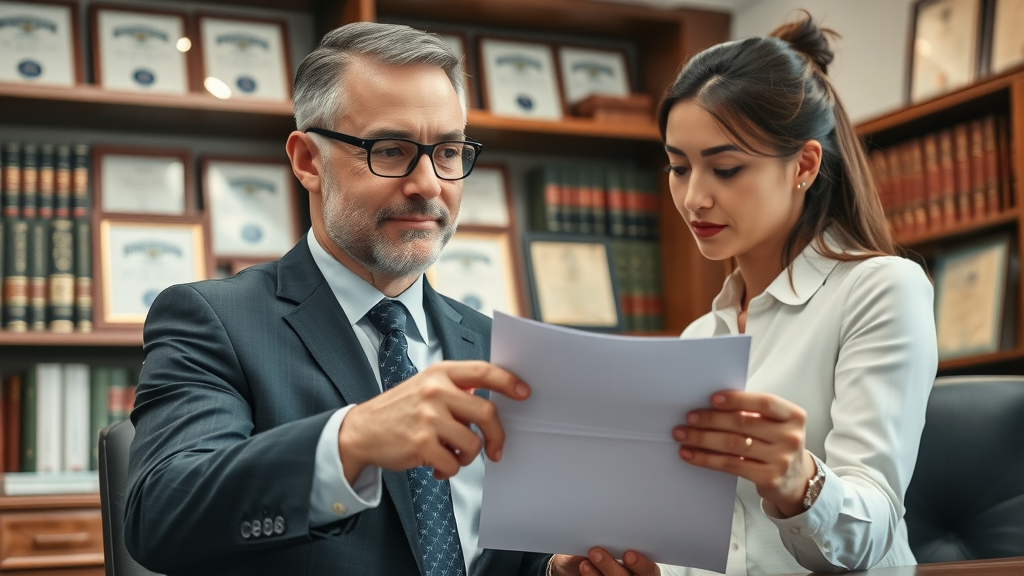 Professional personal injury attorney reviewing insurance claim case files with a client for insurance adjuster negotiation tactics