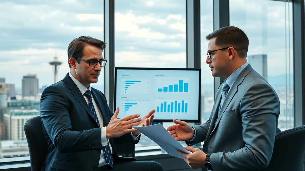 Professional law office with attorneys in business attire reviewing digital marketing analytics, overlooking Seattle skyline, emphasizing time-saving marketing for lawyers