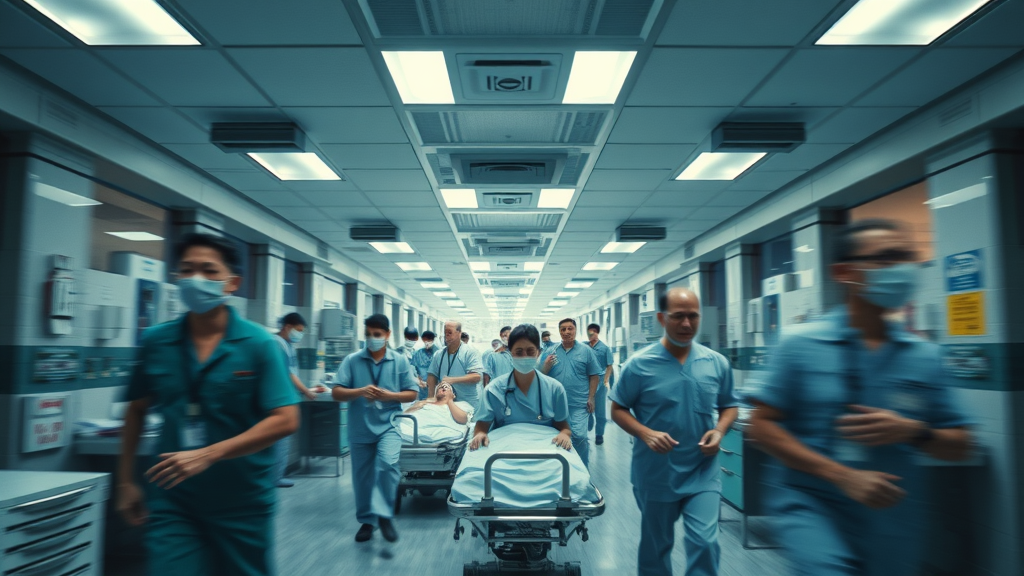 Severe injury claims: bustling hospital emergency room with staff and patients