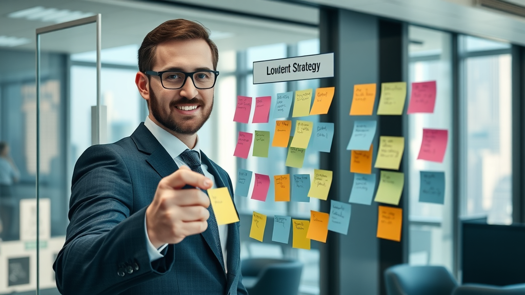 organized lawyer mapping law firm content strategy using glass board and sticky notes