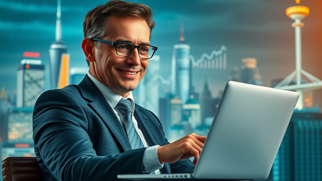 Confident attorney reviewing law firm website performance, symbolizing online growth through search engine optimization