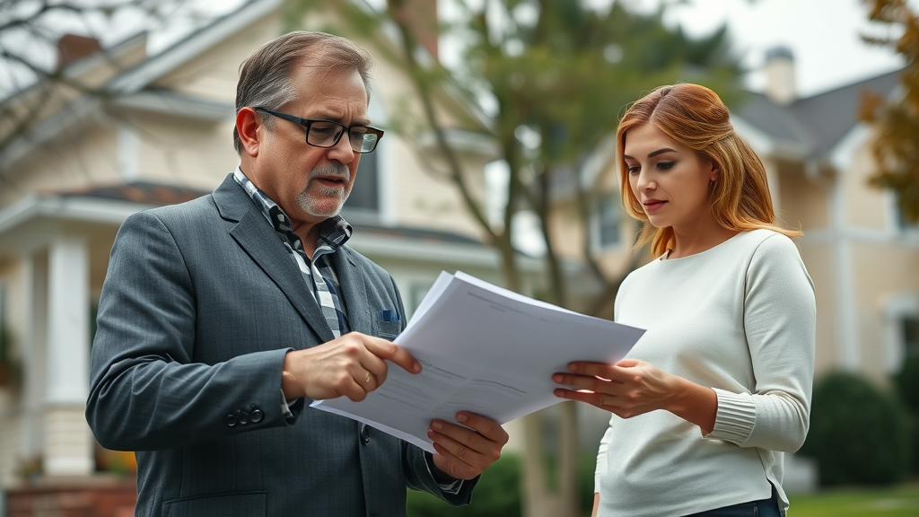 Insurance adjuster and homeowner discussing property damage for claim settlement, settlement negotiation, suburban house