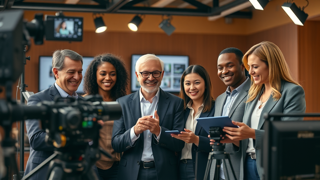 Diverse team of attorneys creating video content together in law office, highlighting collaborative time-saving marketing for lawyers