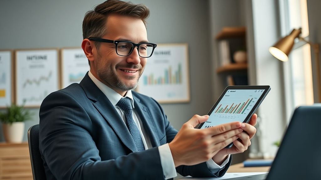 optimistic tacoma attorney reviewing lead generation and blogging growth charts digital marketing