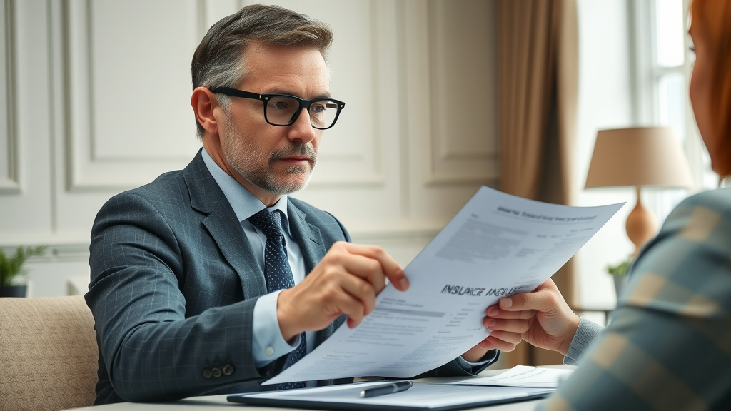 confident professional negotiator discussing insurance negotiation strategies with insurance representative in an elegant office, insurance paperwork and laptops on the table