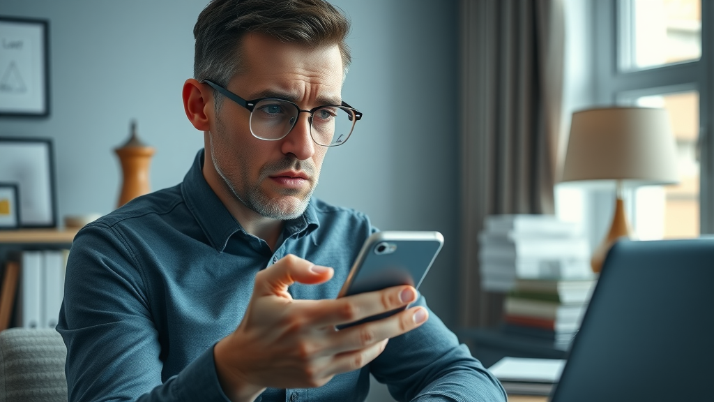 worried client avoiding aggressive legal ads on smartphone - social media ambulance chasing
