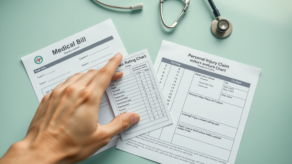 Medical bill, personal injury claim form, and pain rating chart being used to calculate fair compensation in insurance settlement negotiation.