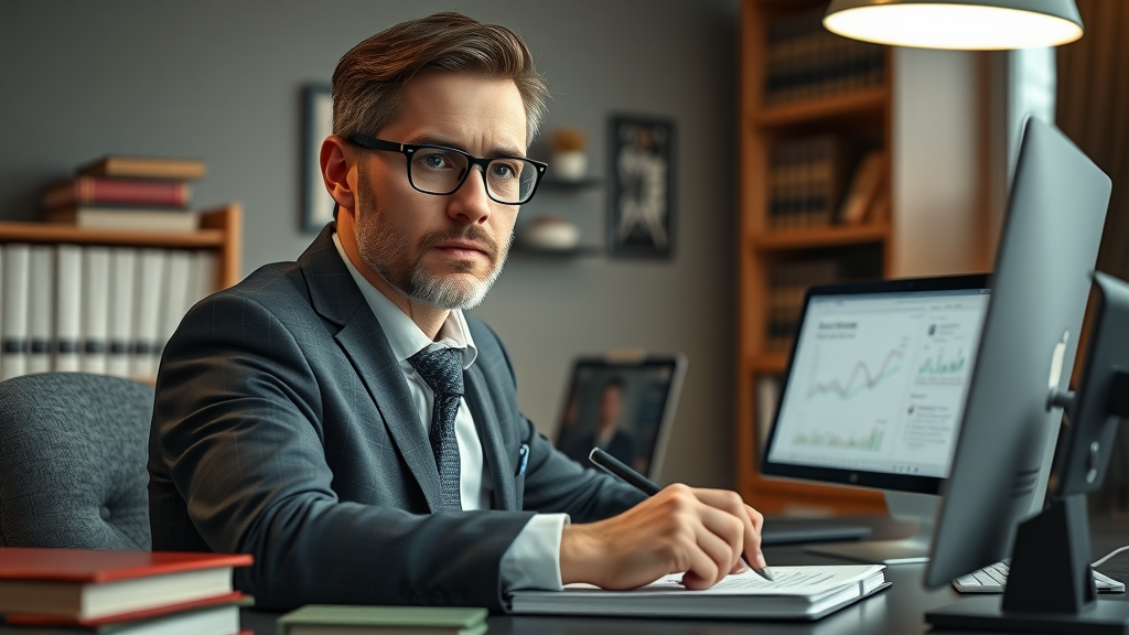 Professional legal blogger drafting content for law firm blog in upscale office