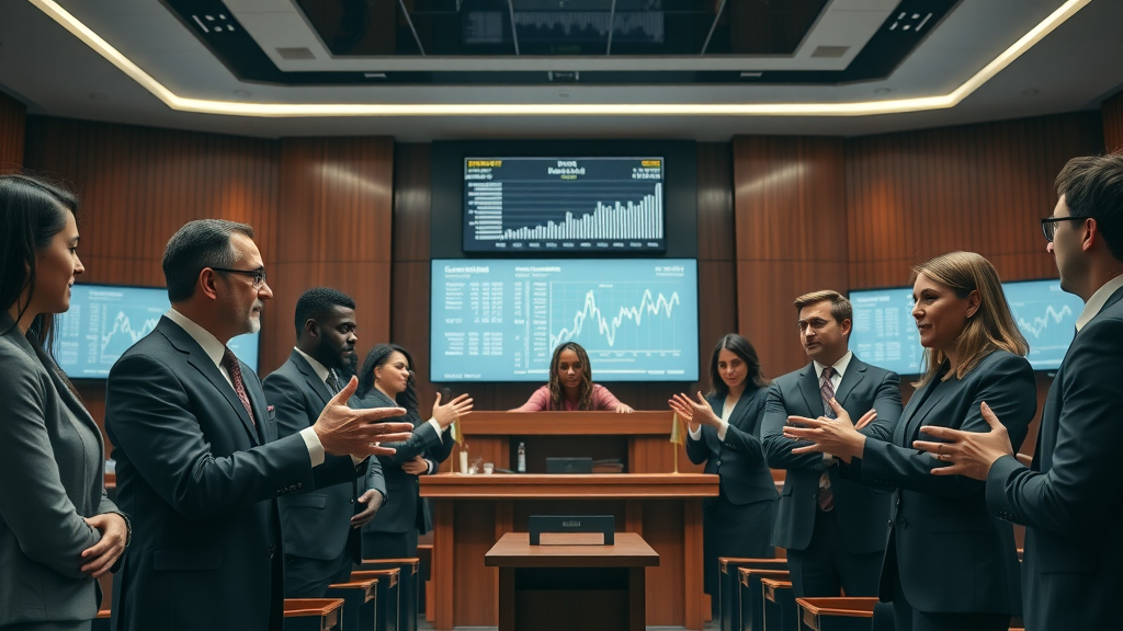 law firm practice areas - courtroom with legal professionals and digital legal graphs - puget sound attorney marketing