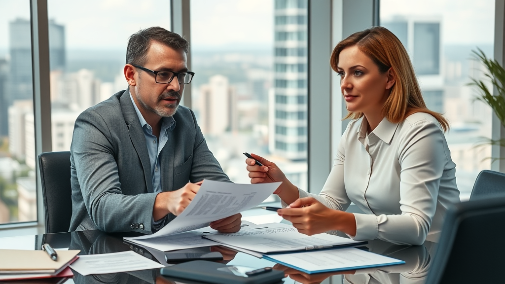 Confident policyholder and insurance adjuster discussing insurance settlement negotiation tips in a professional office setting, focused on maximizing claim outcomes.