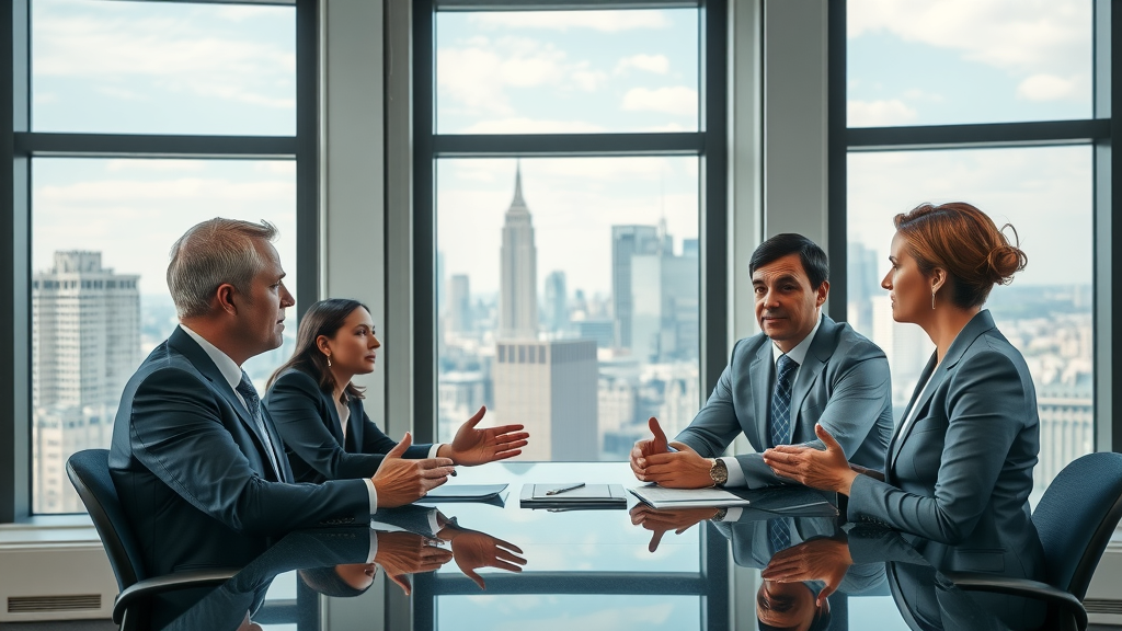 professional law firm conference room with confident attorneys discussing building trust with legal content marketing