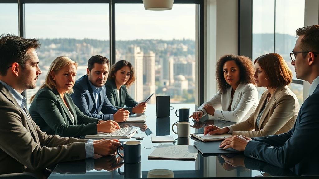 Diverse law firm partners strategy meeting with Seattle skyline view - Aligning law firm content marketing strategy