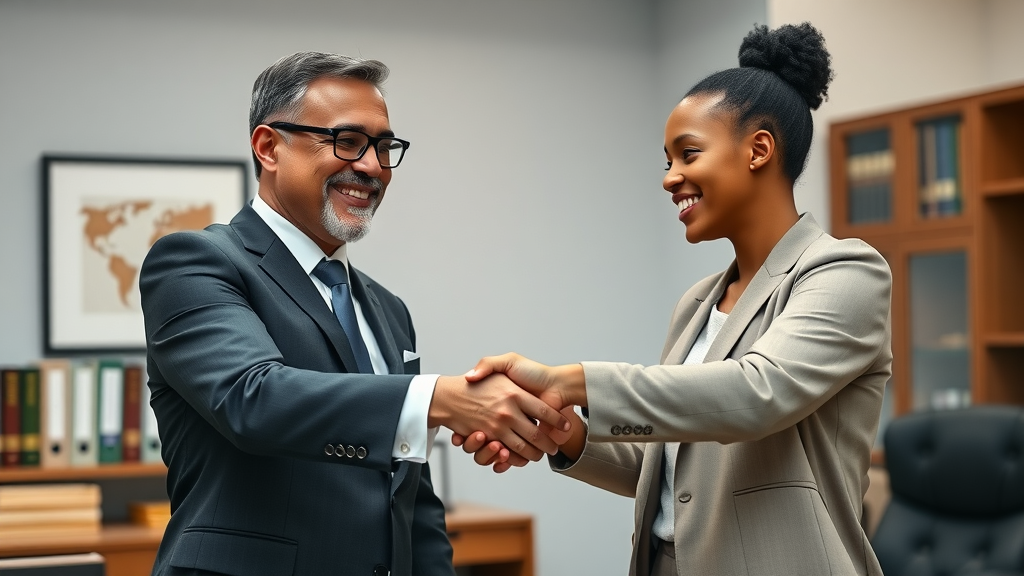 trustworthy handshake between diverse lawyer and client building trust with legal content marketing