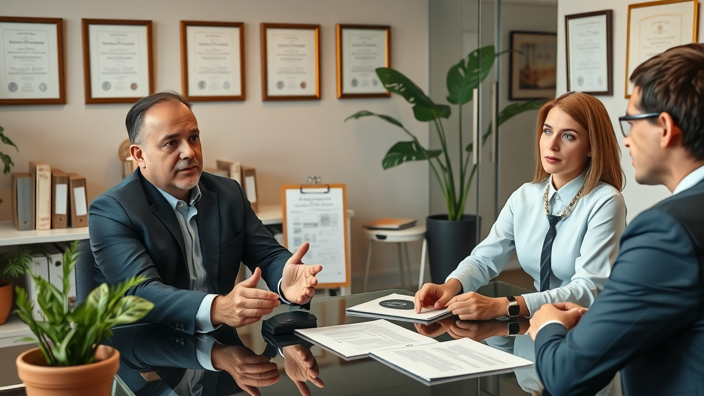 law firm seo services: Law firm partners and SEO consultant in a formal interview; choosing the right agency for legal SEO