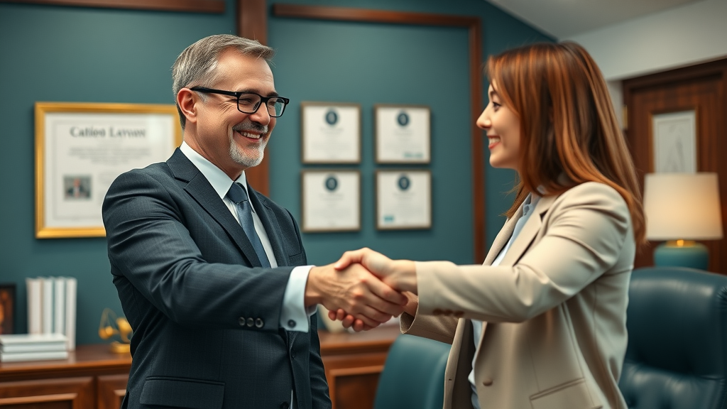 happy client celebrating case success shaking hands with lawyer - law firm content credibility