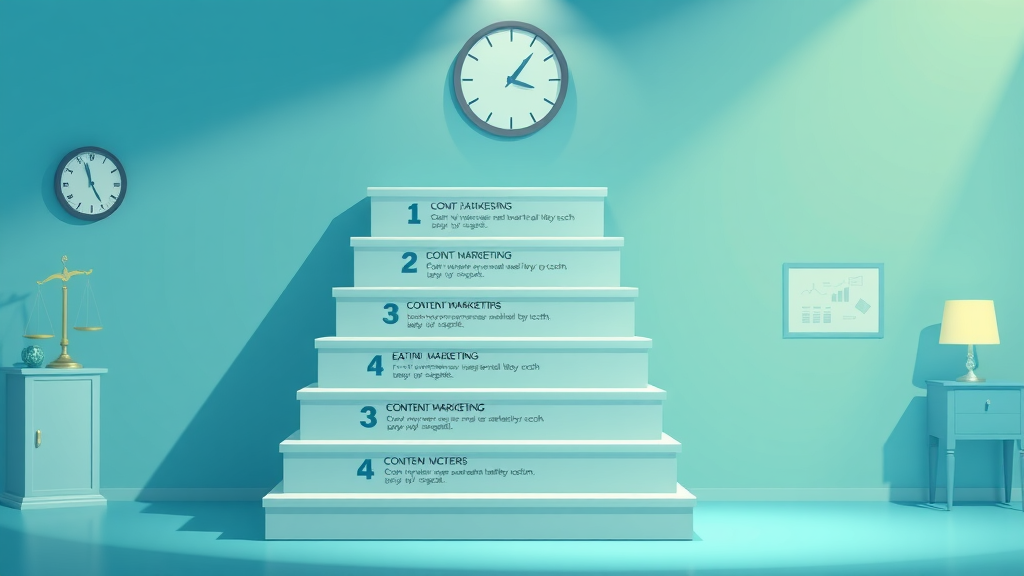 Seven-step staircase infographic depicting the content marketing process for law firm success