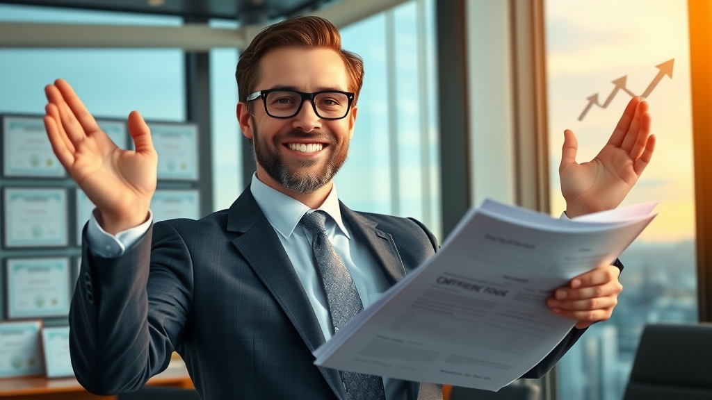 Lawyer celebrating financial achievement through efficient law firm marketing