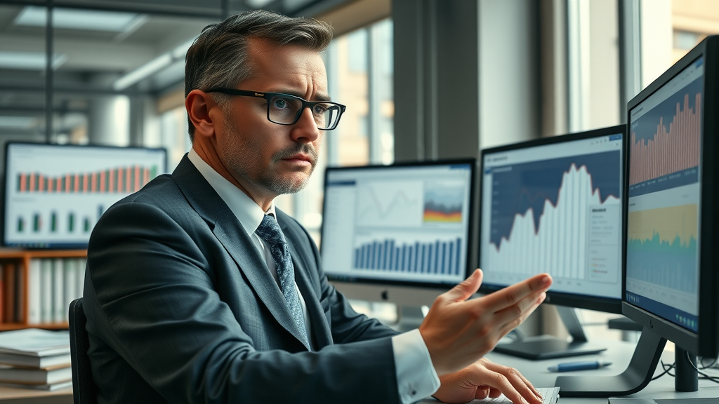 Lawyer reviewing marketing analytics and lost case statistics in modern office