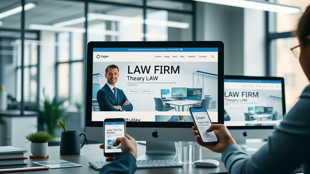 Modern law firm website optimized for conversions, viewed on computer and mobile devices - attorney content marketing plan