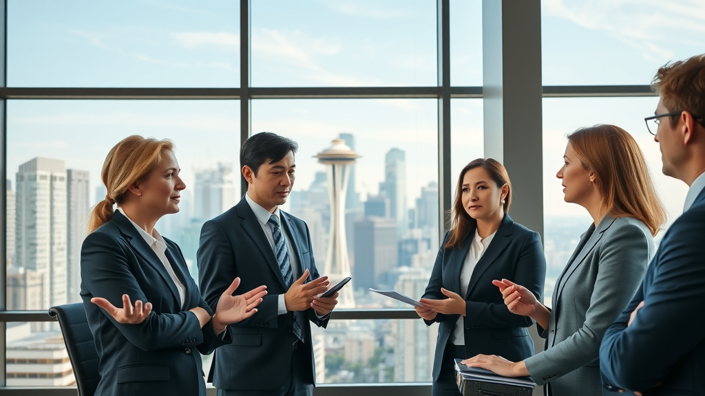 Modern Seattle law firm office with attorneys and clients, Seattle skyline view - Seattle law firm content marketing