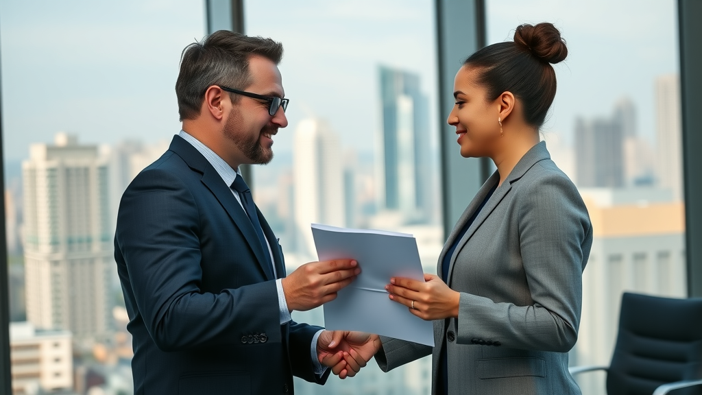 Insurance adjuster and public adjuster comparing files and shaking hands during a collaborative insurance settlement negotiation.