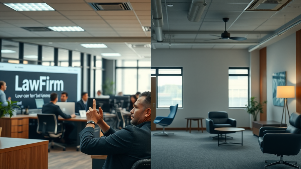 content marketing mistakes for law firms split-screen successful and struggling law office scenes