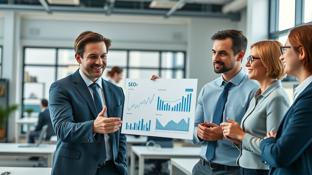 law firm seo services: Modern law firm, SEO specialist presenting analytics to attorneys, digital dashboard teamwork scene