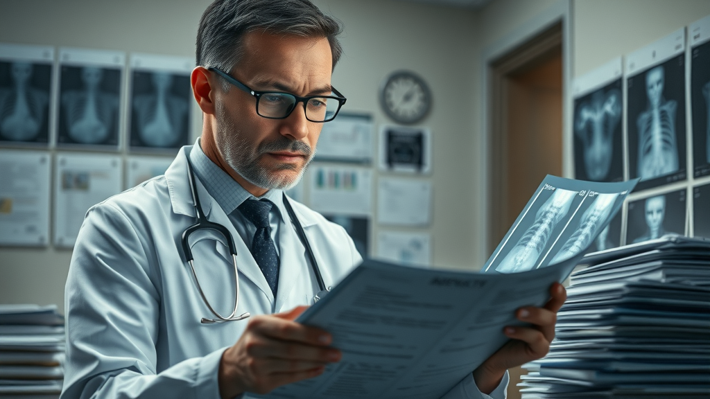 Personal injury lawyer reviewing severe injury medical charts and x-rays