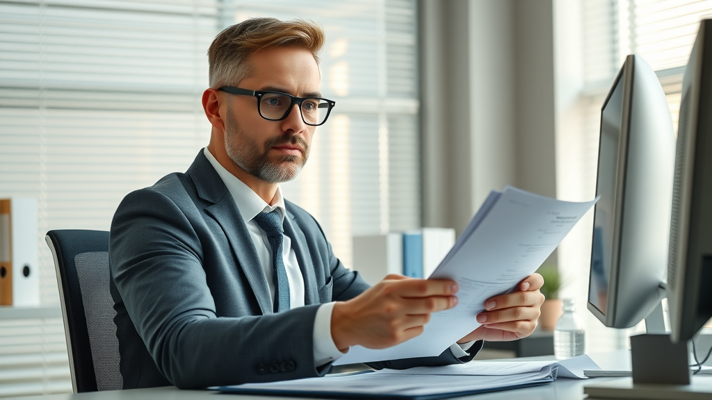 insurance negotiation process: professional insurance negotiator reviewing paperwork at a clean desk in a modern office, organized files and desktop computer, soft daylight