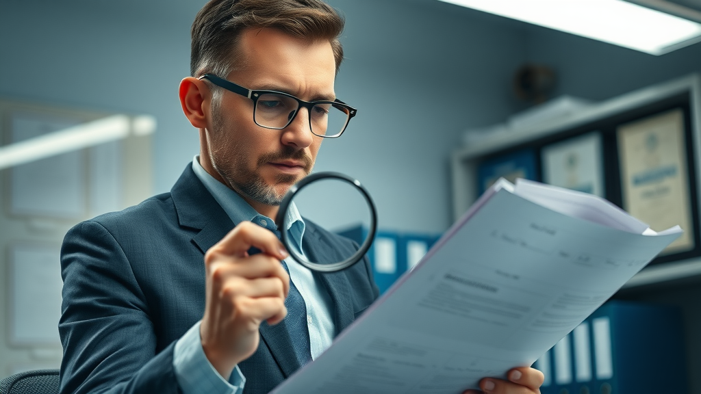 insurance negotiation process: analytical insurance adjuster examining claim documents in an insurance office; shelves of binders and certificates