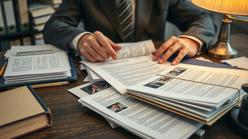 insurance negotiation process: personal injury lawyer assembling evidence files and a demand letter in an attorney