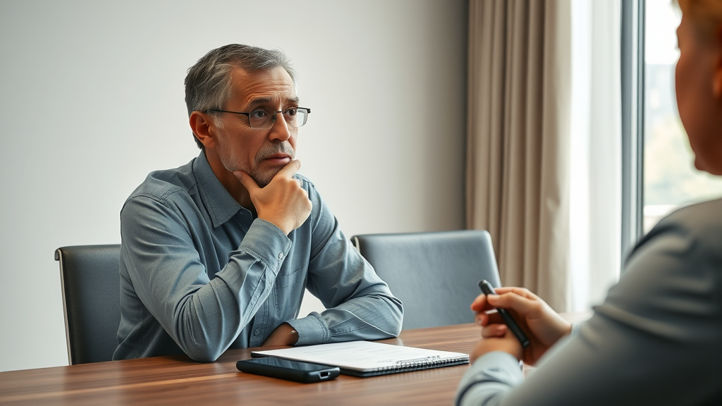 insurance negotiation process: cautious claimant meeting with insurance adjuster in a bright conference room