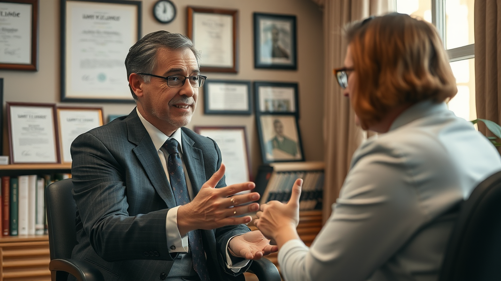 insurance negotiation process: experienced personal injury lawyer advising client on settlement in a cozy consultation room