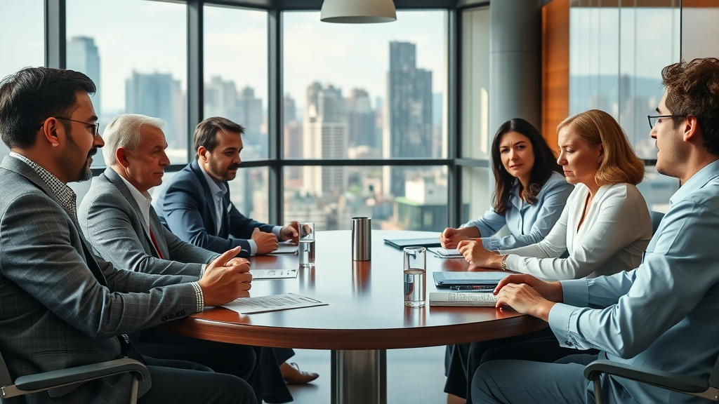 insurance negotiation process: negotiation experts discussing settlement strategies at a roundtable in a corporate boardroom