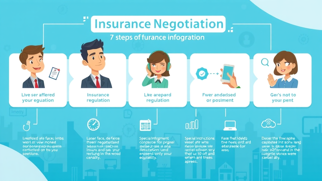 insurance negotiation process: detailed infographic illustration, showing seven steps with icons and animated flow lines