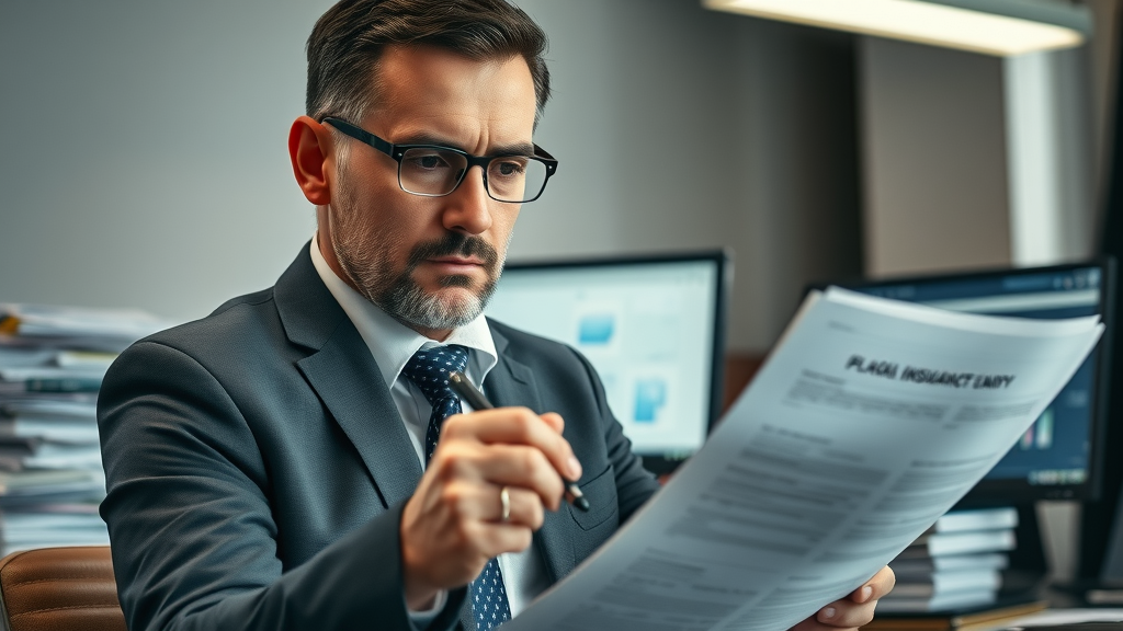 Serious insurance adjuster reviewing claim documents, maximizing insurance claim settlements, focused in corporate office environment