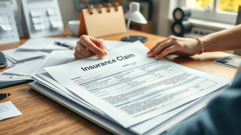 Hands organizing insurance claim documents, maximizing insurance claim settlements, with calendar and paperwork on desk
